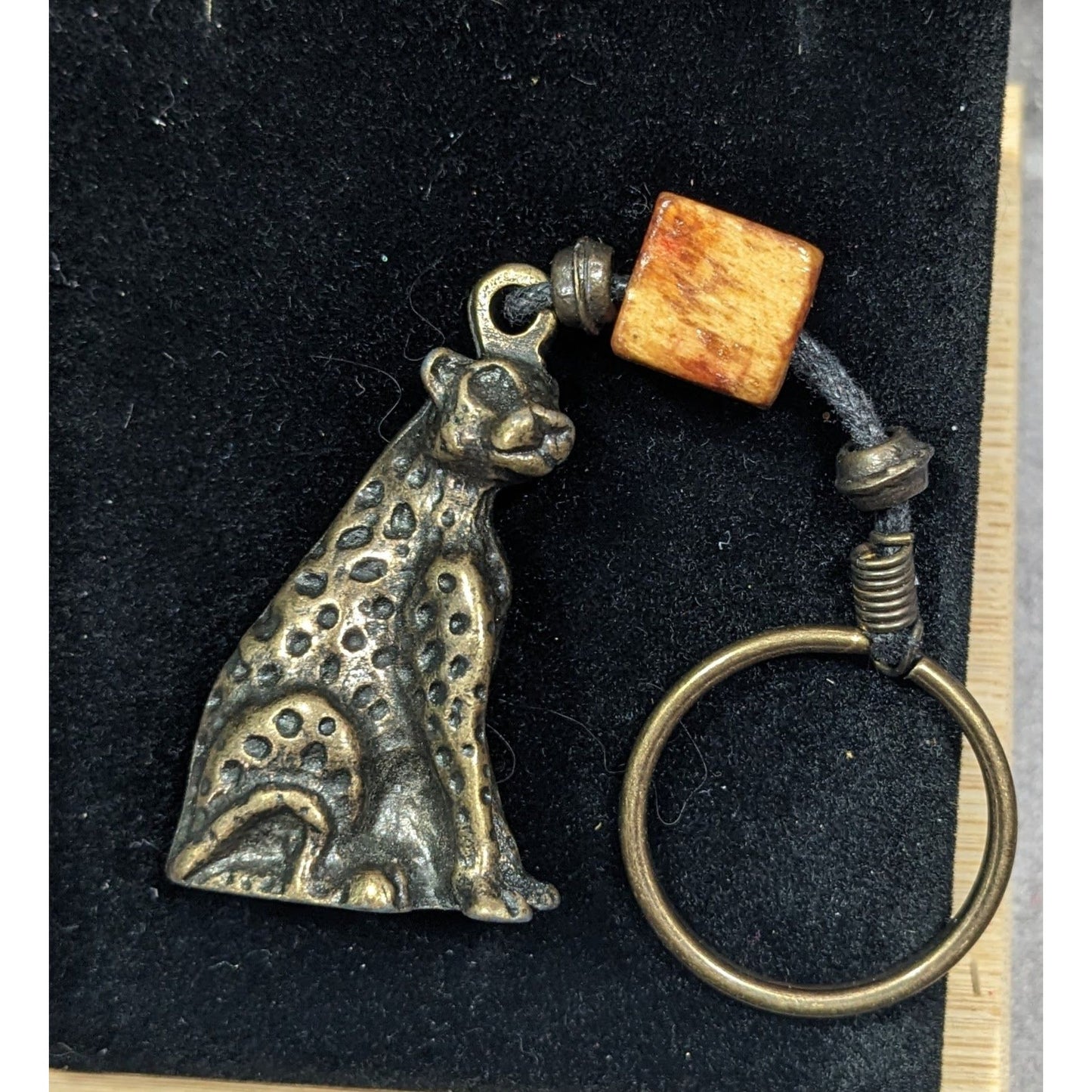 Vintage Bronze Leopard Keychain With Bead Accent