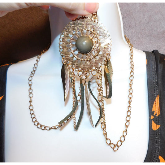 Bohemian Medallion Necklace Grey And Gold Tone With Fringe
