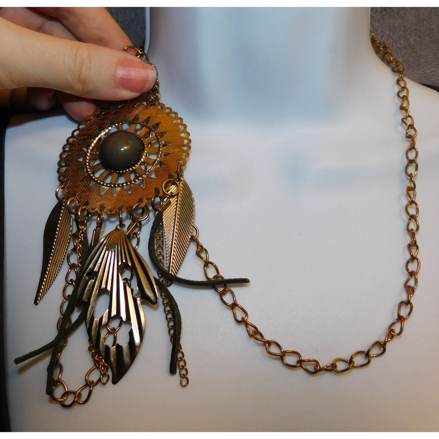 Bohemian Medallion Necklace Grey And Gold Tone With Fringe