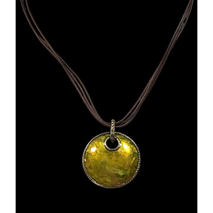 Vintage Monet Bohemian Shell Mosaic Yellow Medallion Pendant Necklace