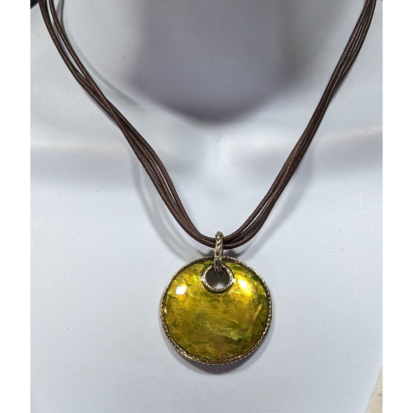 Vintage Monet Bohemian Shell Mosaic Yellow Medallion Pendant Necklace