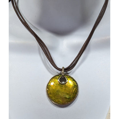 Vintage Monet Bohemian Shell Mosaic Yellow Medallion Pendant Necklace