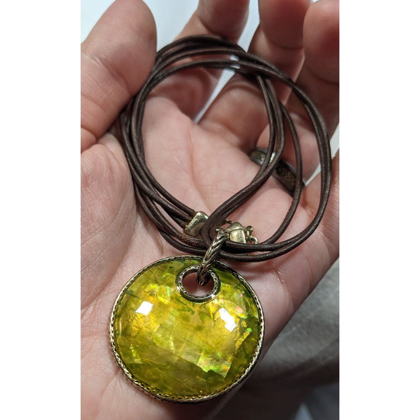 Vintage Monet Bohemian Shell Mosaic Yellow Medallion Pendant Necklace