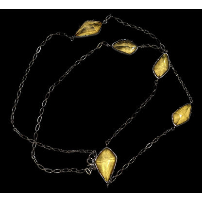 Yellow Station  Long Chain Necklace With Faceted Stones & Black Metal Links