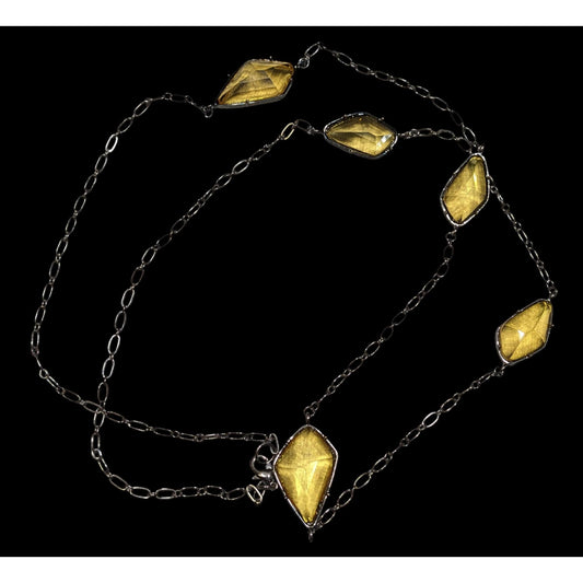Yellow Station  Long Chain Necklace With Faceted Stones & Black Metal Links
