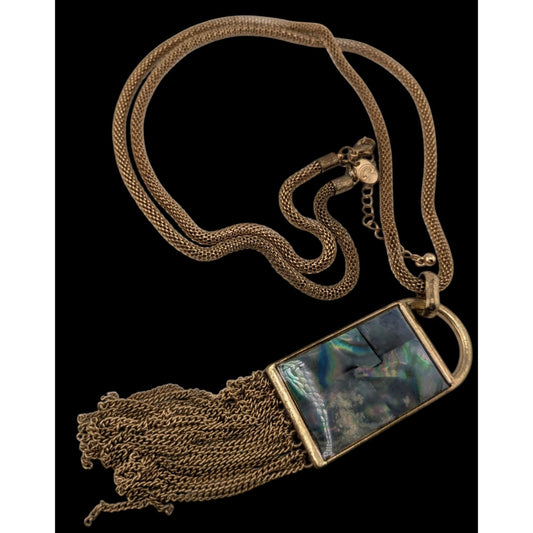 Charming Charlie Gold Tone Tassel Pendant Necklace With Shell Inlayer