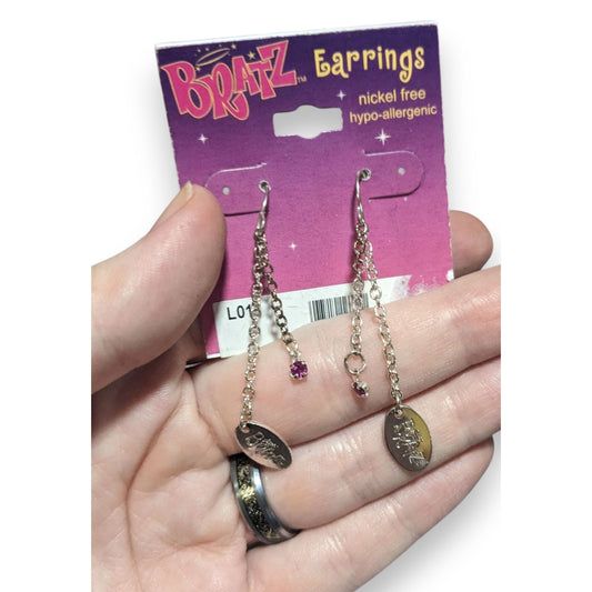 Bratz Y2K Glam Metal Silver Tone Rhinestone Dangle Earrings 2 Inch