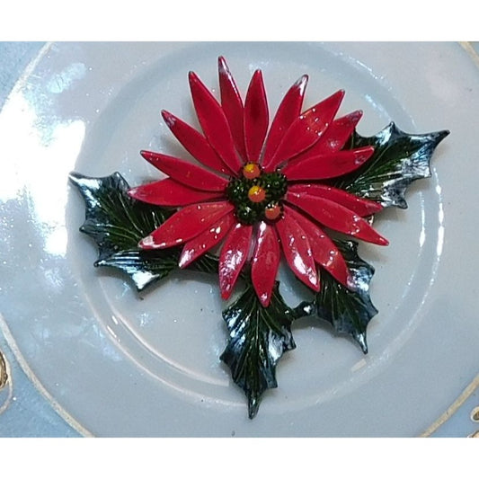 Vintage Painted Poinsettia Metal Brooch