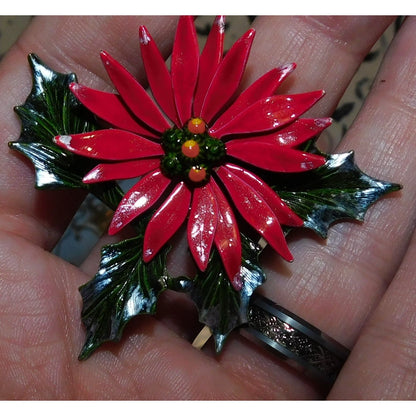 Vintage Painted Poinsettia Metal Brooch