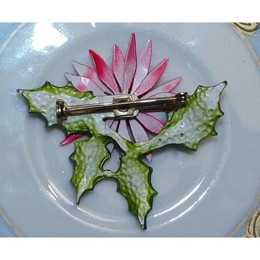 Vintage Painted Poinsettia Metal Brooch