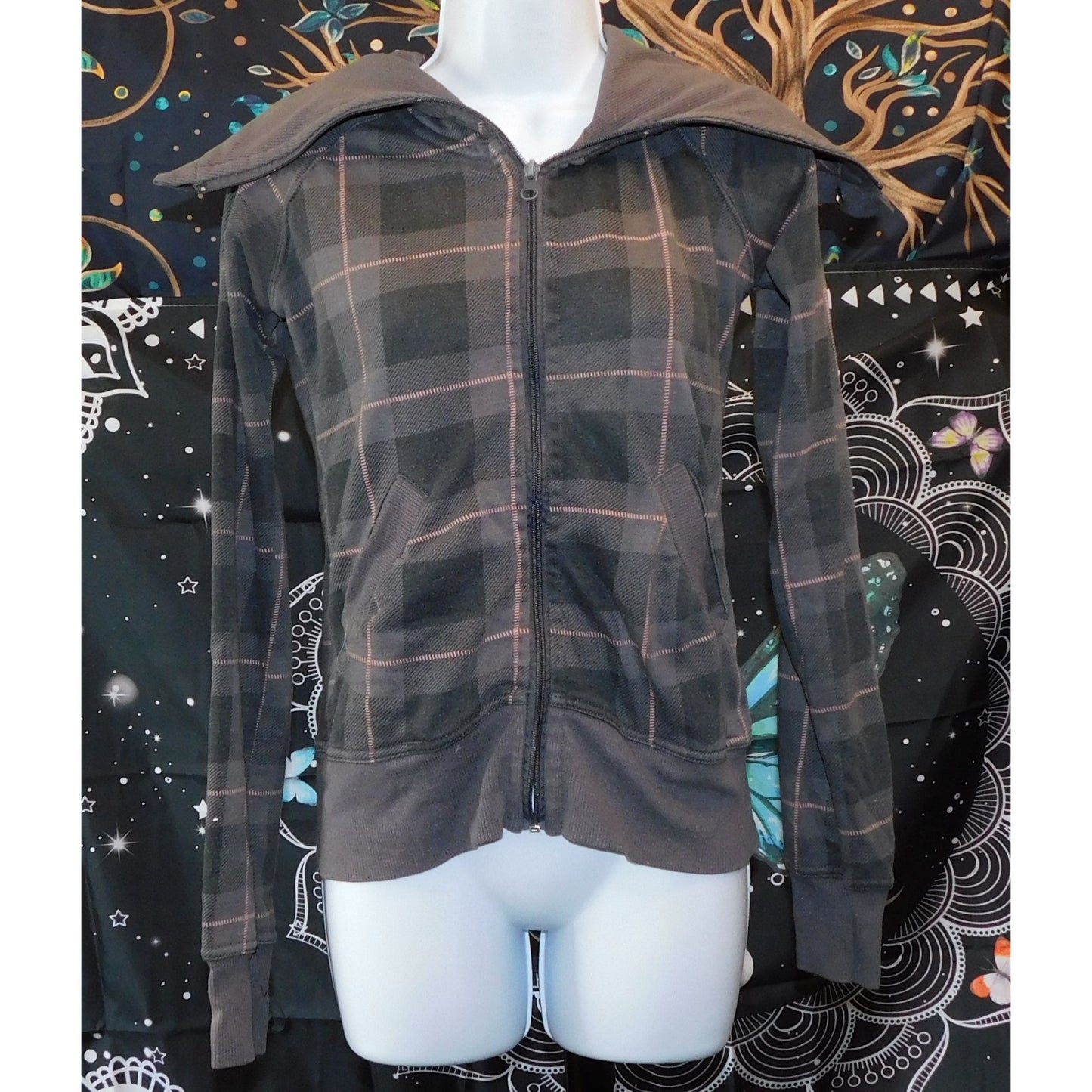 Urban Behaviour Pink And Grey Plaid Zip Up Sweater