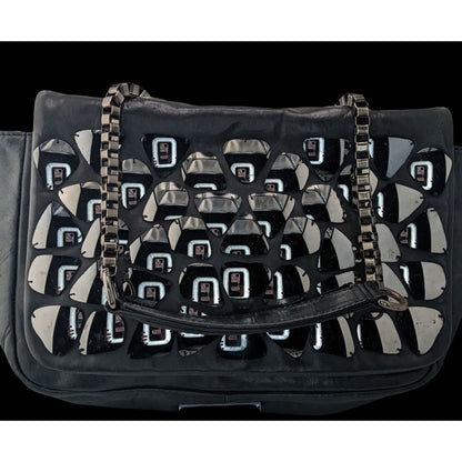 Zara Black Faux Leather Shoulder Bag With Mirrored Accents & Chain Strap