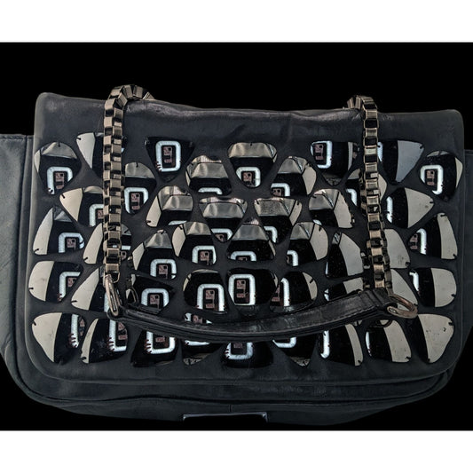 Zara Black Faux Leather Shoulder Bag With Mirrored Accents & Chain Strap