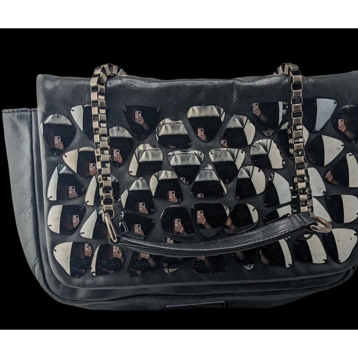 Zara Black Faux Leather Shoulder Bag With Mirrored Accents & Chain Strap