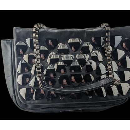Zara Black Faux Leather Shoulder Bag With Mirrored Accents & Chain Strap