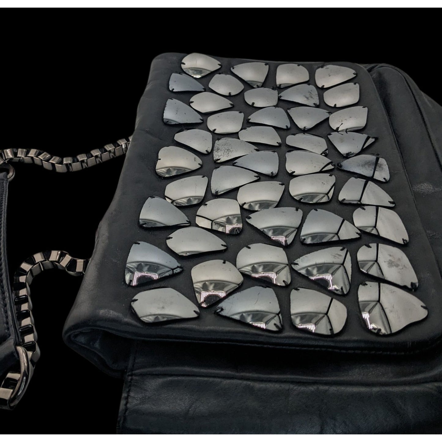 Zara Black Faux Leather Shoulder Bag With Mirrored Accents & Chain Strap