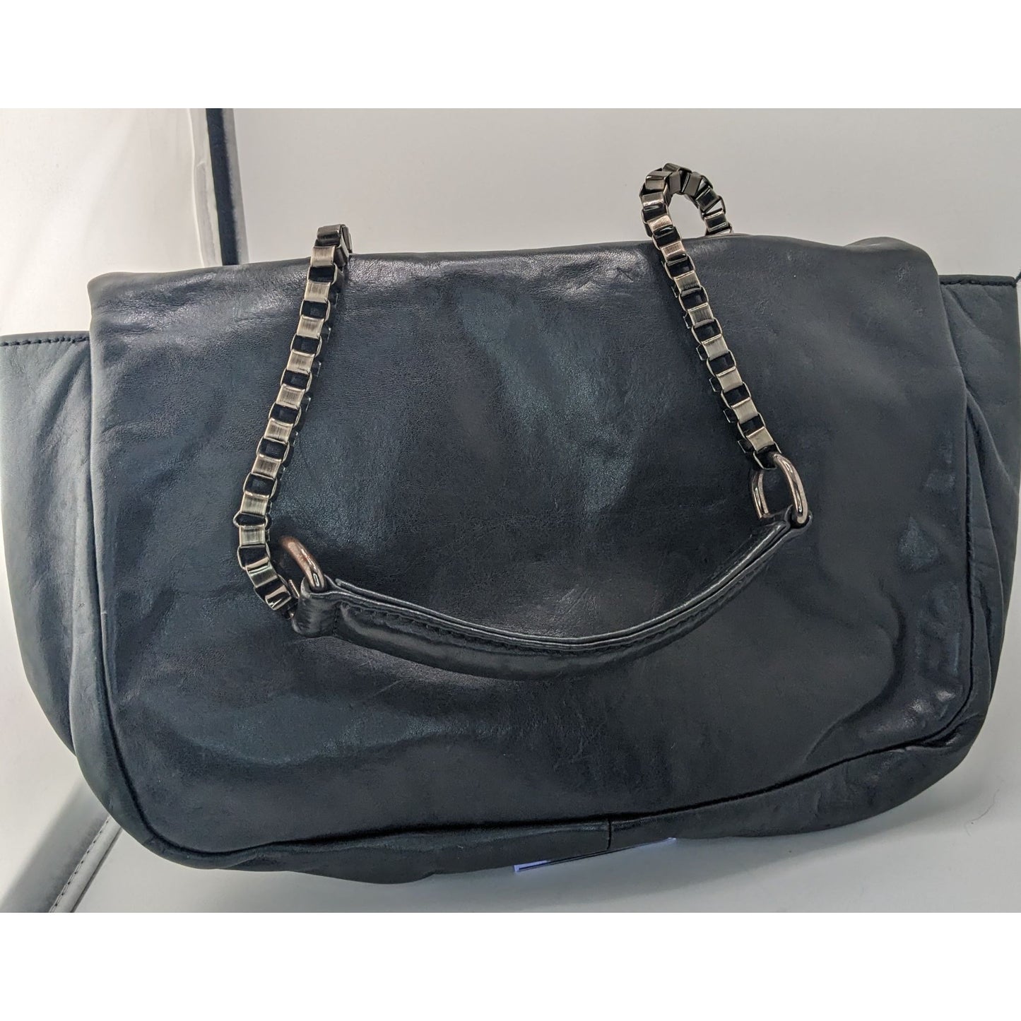 Zara Black Faux Leather Shoulder Bag With Mirrored Accents & Chain Strap