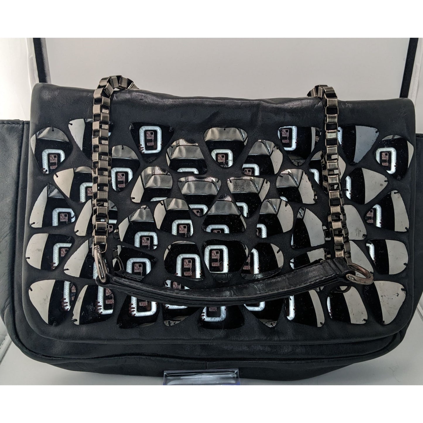 Zara Black Faux Leather Shoulder Bag With Mirrored Accents & Chain Strap