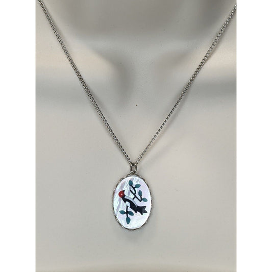 Vintage Artisan Mother Of Pearl Necklace With Bird & Branch Design
