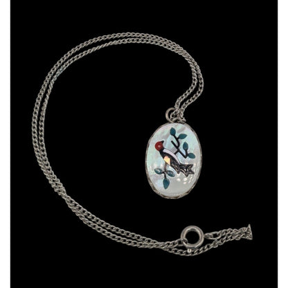 Vintage Artisan Mother Of Pearl Necklace With Bird & Branch Design