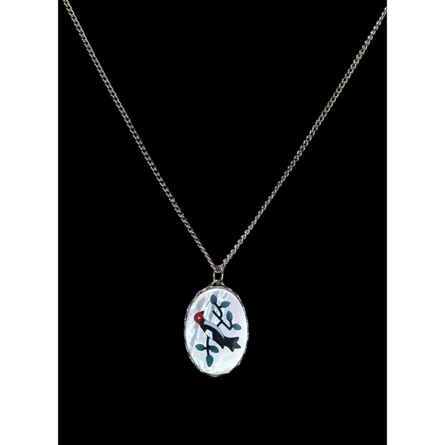 Vintage Artisan Mother Of Pearl Necklace With Bird & Branch Design