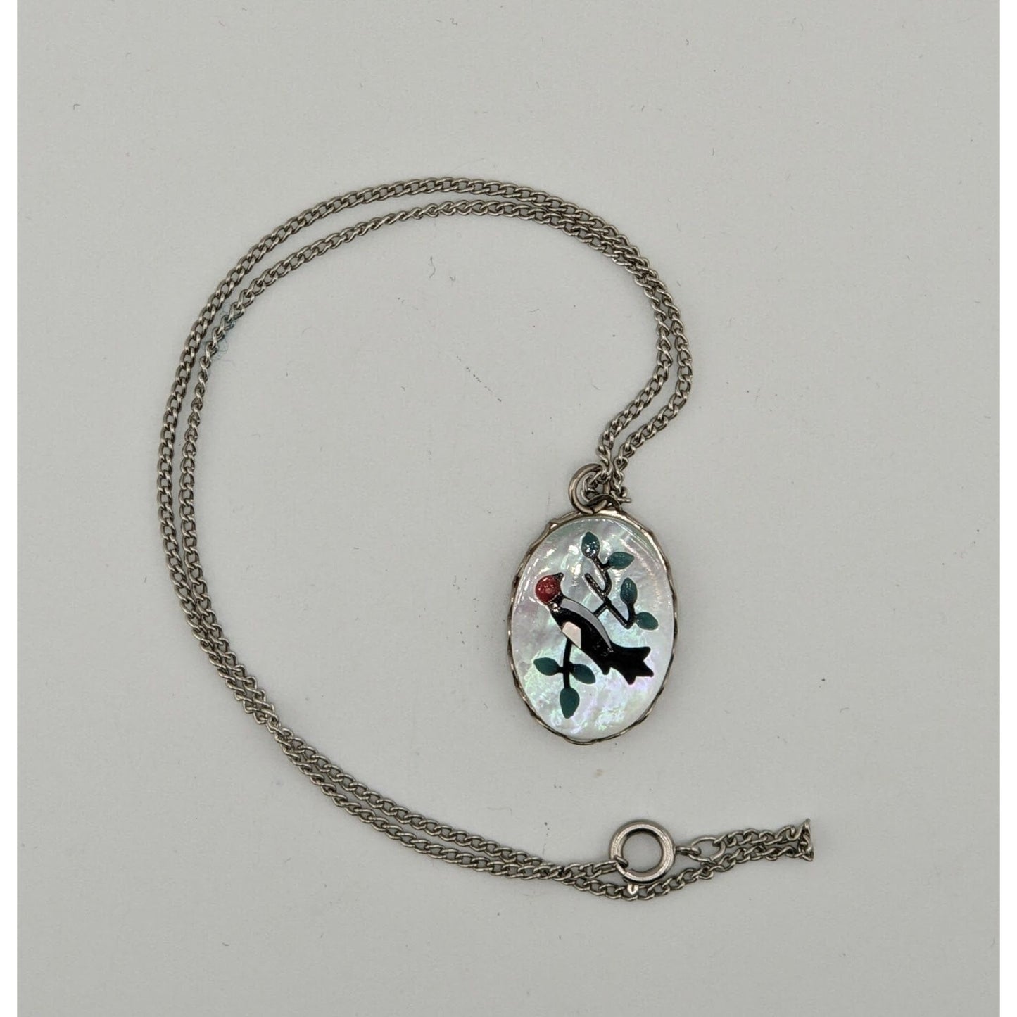 Vintage Artisan Mother Of Pearl Necklace With Bird & Branch Design