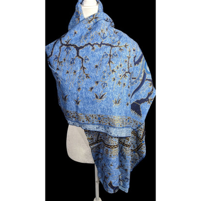 Blue Batik Peacock Sarong Wrap 68x45 Inches With Intricate Floral & Bird Design