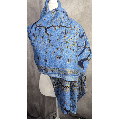 Blue Batik Peacock Sarong Wrap 68x45 Inches With Intricate Floral & Bird Design
