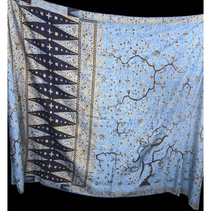 Blue Batik Peacock Sarong Wrap 68x45 Inches With Intricate Floral & Bird Design