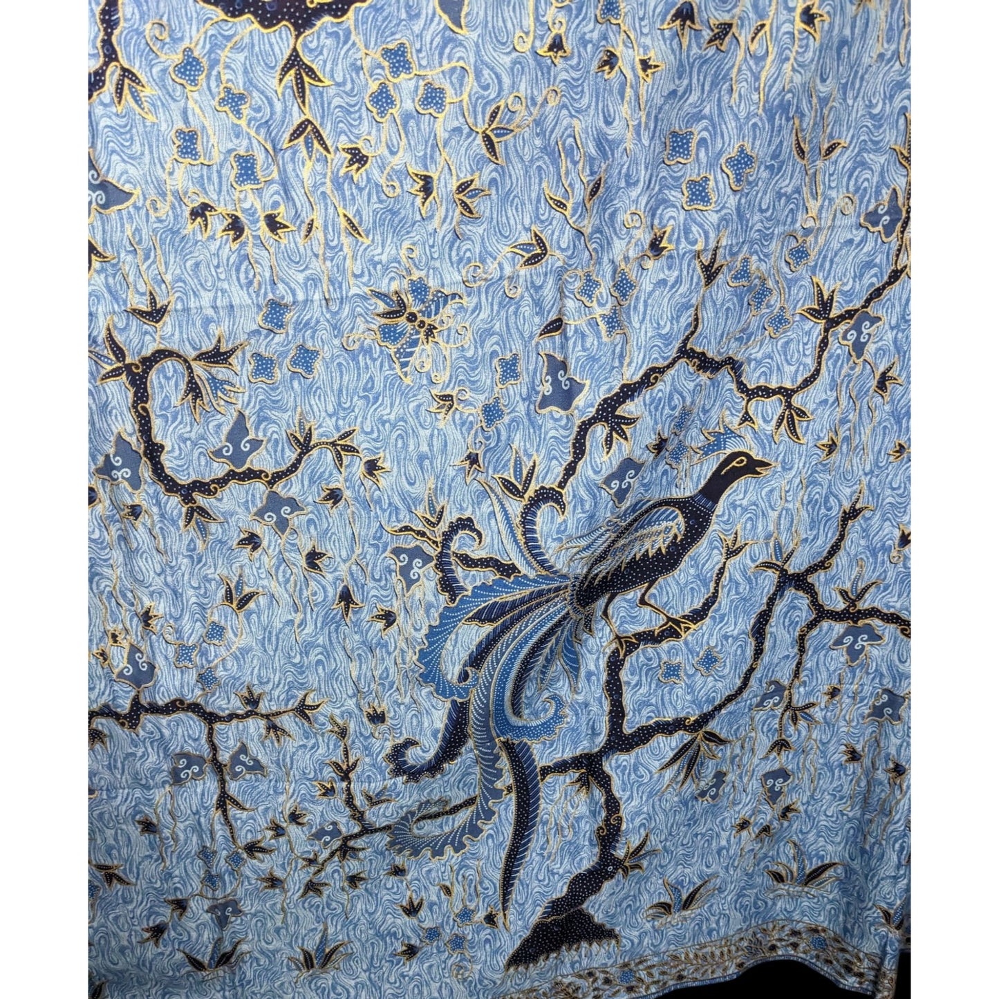 Blue Batik Peacock Sarong Wrap 68x45 Inches With Intricate Floral & Bird Design