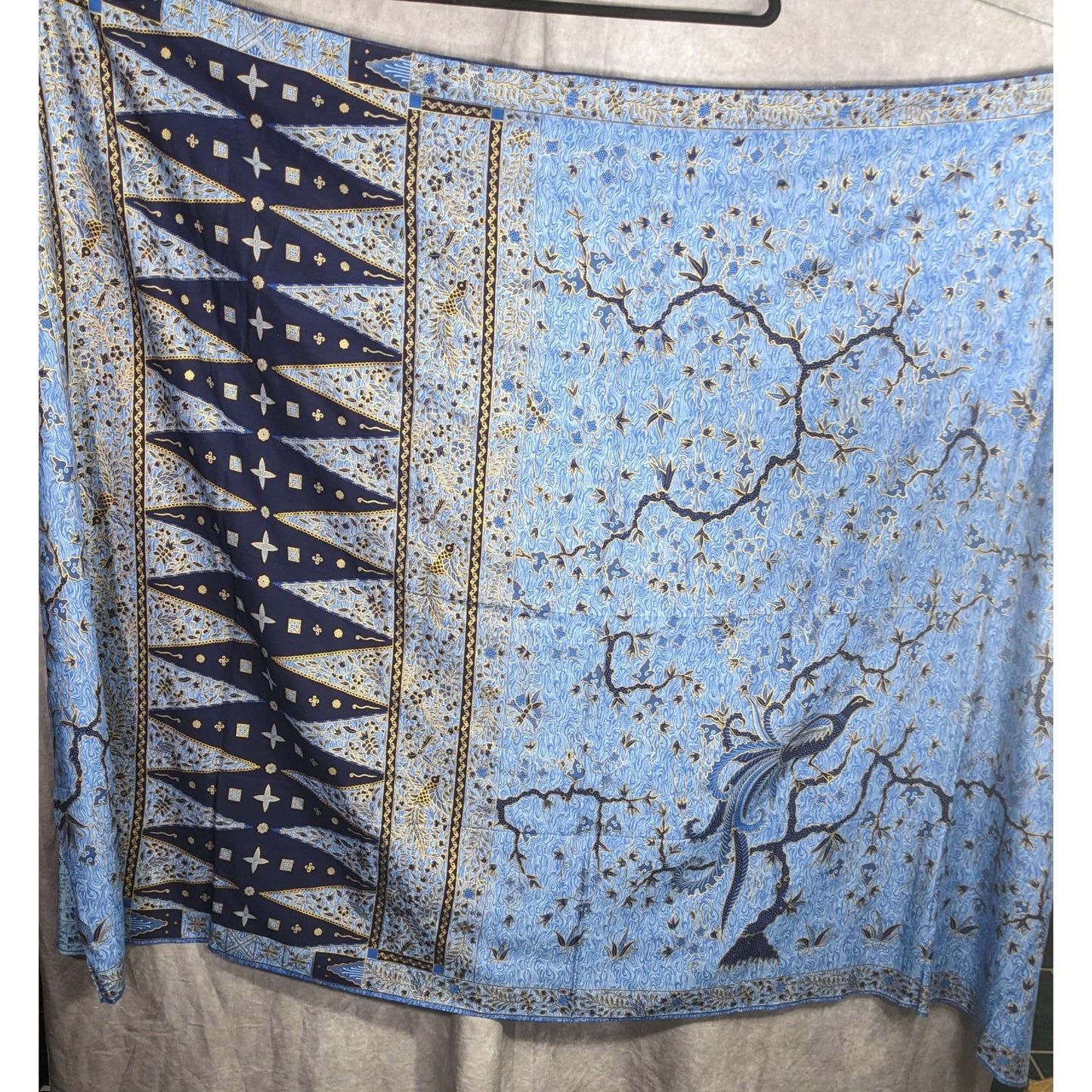 Blue Batik Peacock Sarong Wrap 68x45 Inches With Intricate Floral & Bird Design