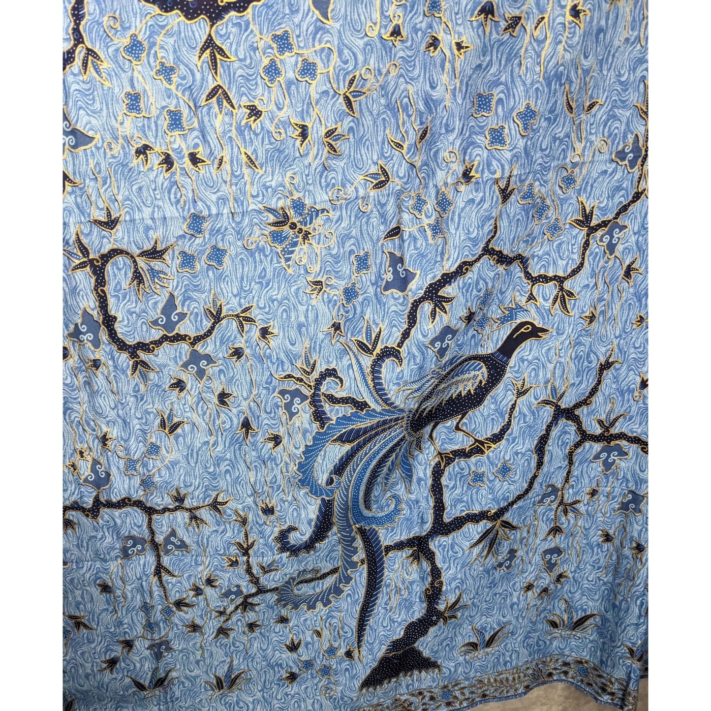 Blue Batik Peacock Sarong Wrap 68x45 Inches With Intricate Floral & Bird Design