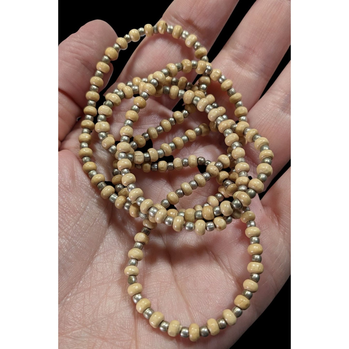 Vintage Long Beige & Gold-Toned Beaded Necklace