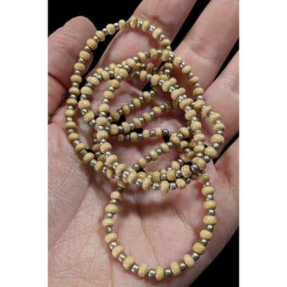 Vintage Long Beige & Gold-Toned Beaded Necklace