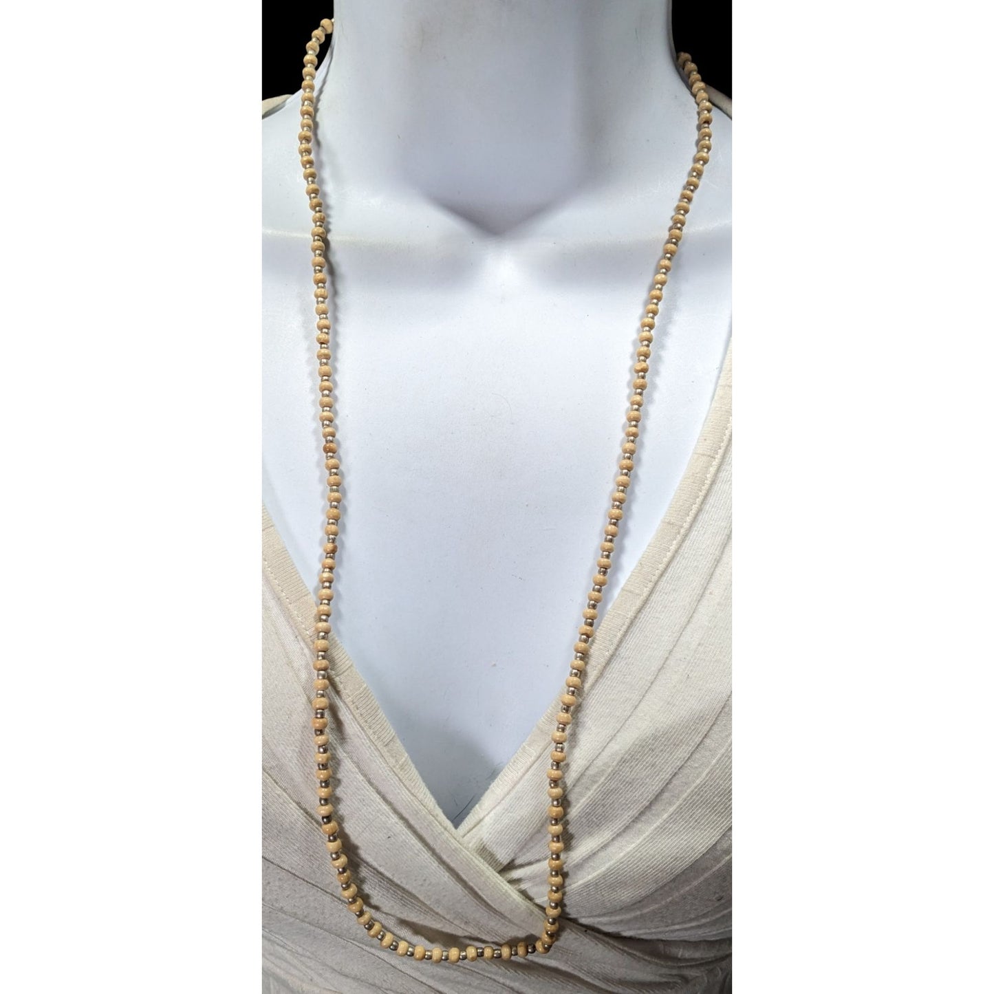 Vintage Long Beige & Gold-Toned Beaded Necklace