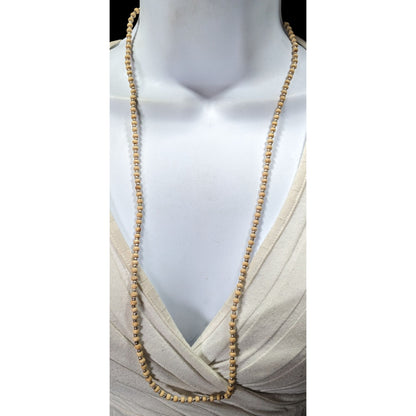 Vintage Long Beige & Gold-Toned Beaded Necklace