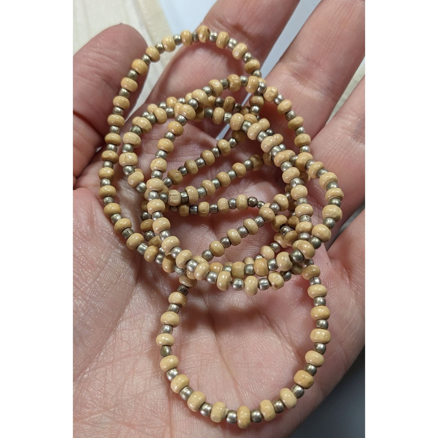 Vintage Long Beige & Gold-Toned Beaded Necklace