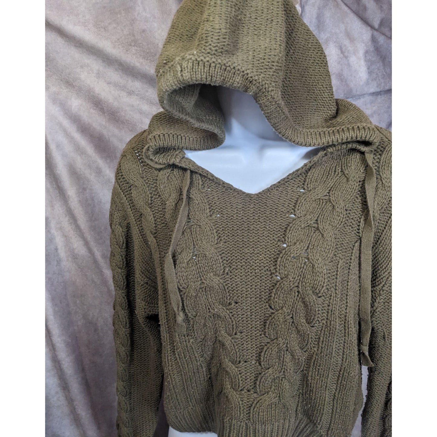 Aeropostale Army Green Cable Knit Hooded Sweater