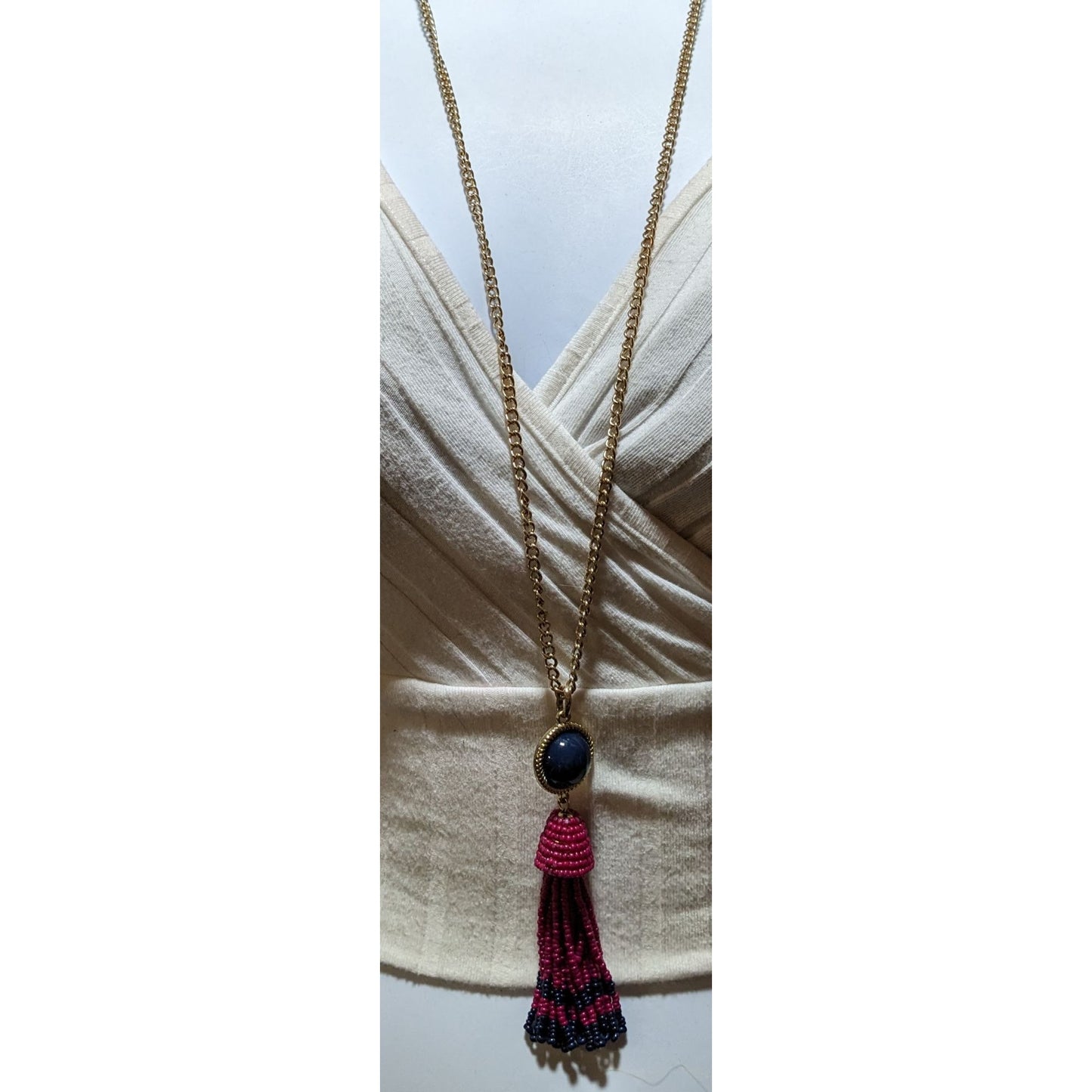 Talbots Pink And Blue Beaded Tassel Necklace