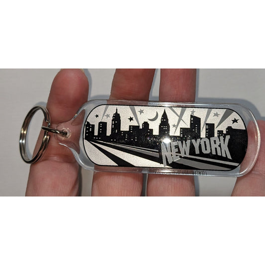 New York Skyline Silver Keychain 4.25-Inch Acrylic With Black & Silver Design