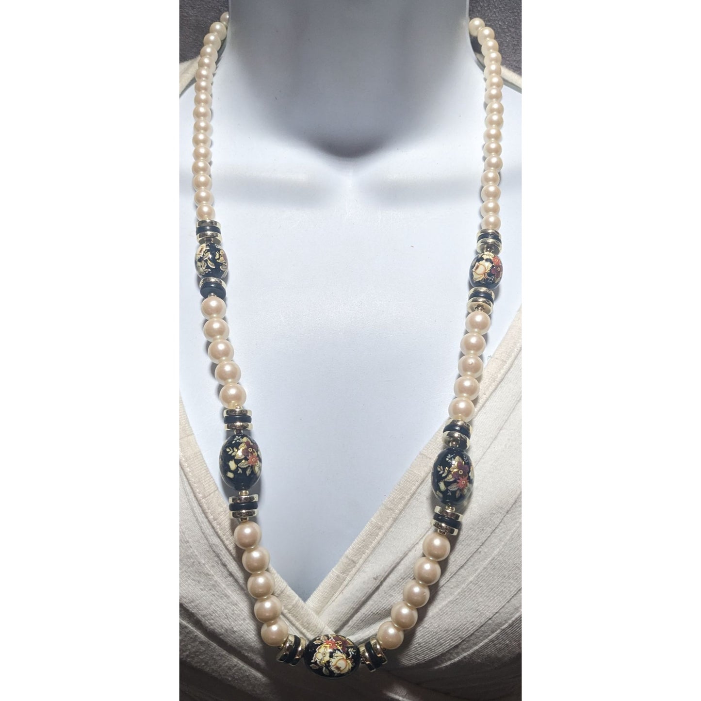 Vintage Cream And Black Pearl Floral Necklace