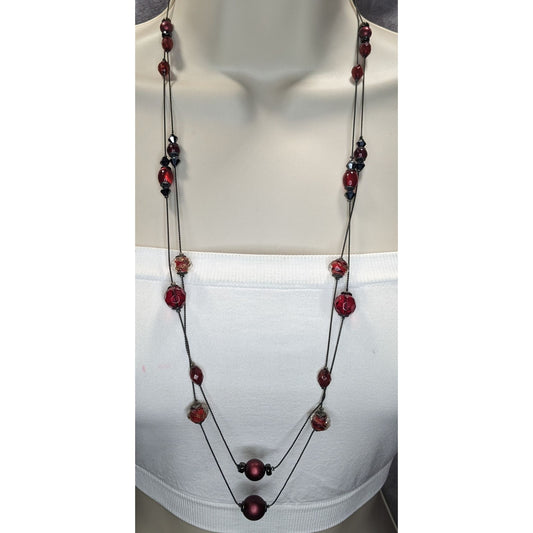 Gothic Vampire Glam Red Black Layered Station Bead Necklace