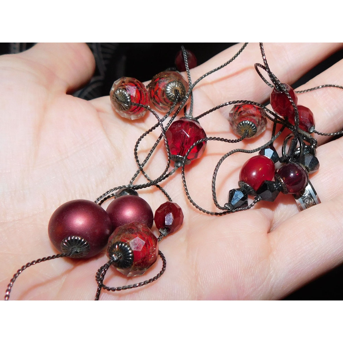 Gothic Vampire Glam Red Black Layered Station Bead Necklace