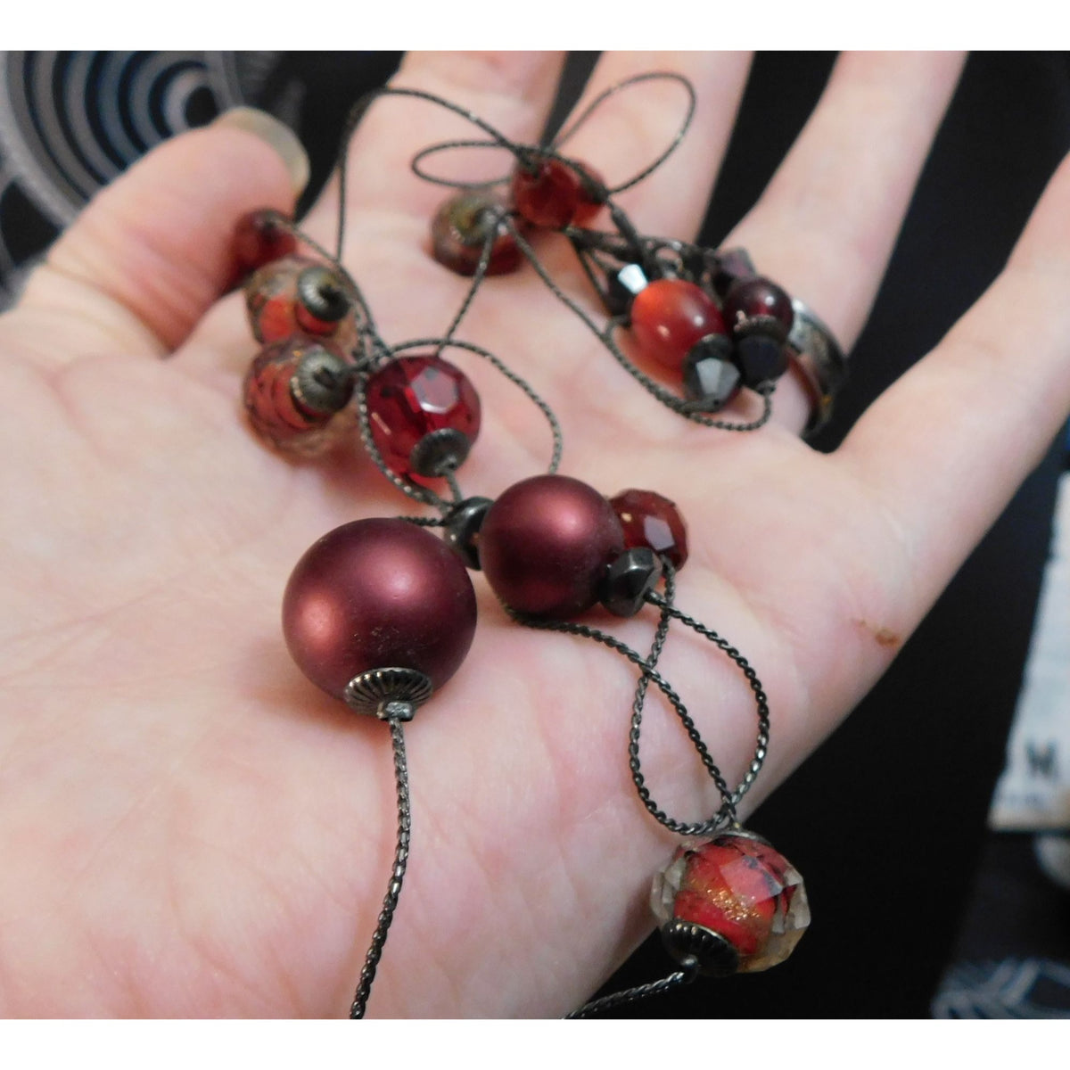 Gothic Vampire Glam Red Black Layered Station Bead Necklace