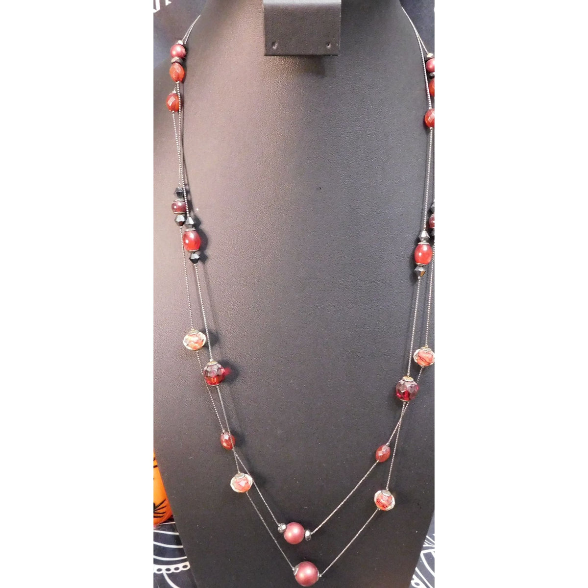 Gothic Vampire Glam Red Black Layered Station Bead Necklace