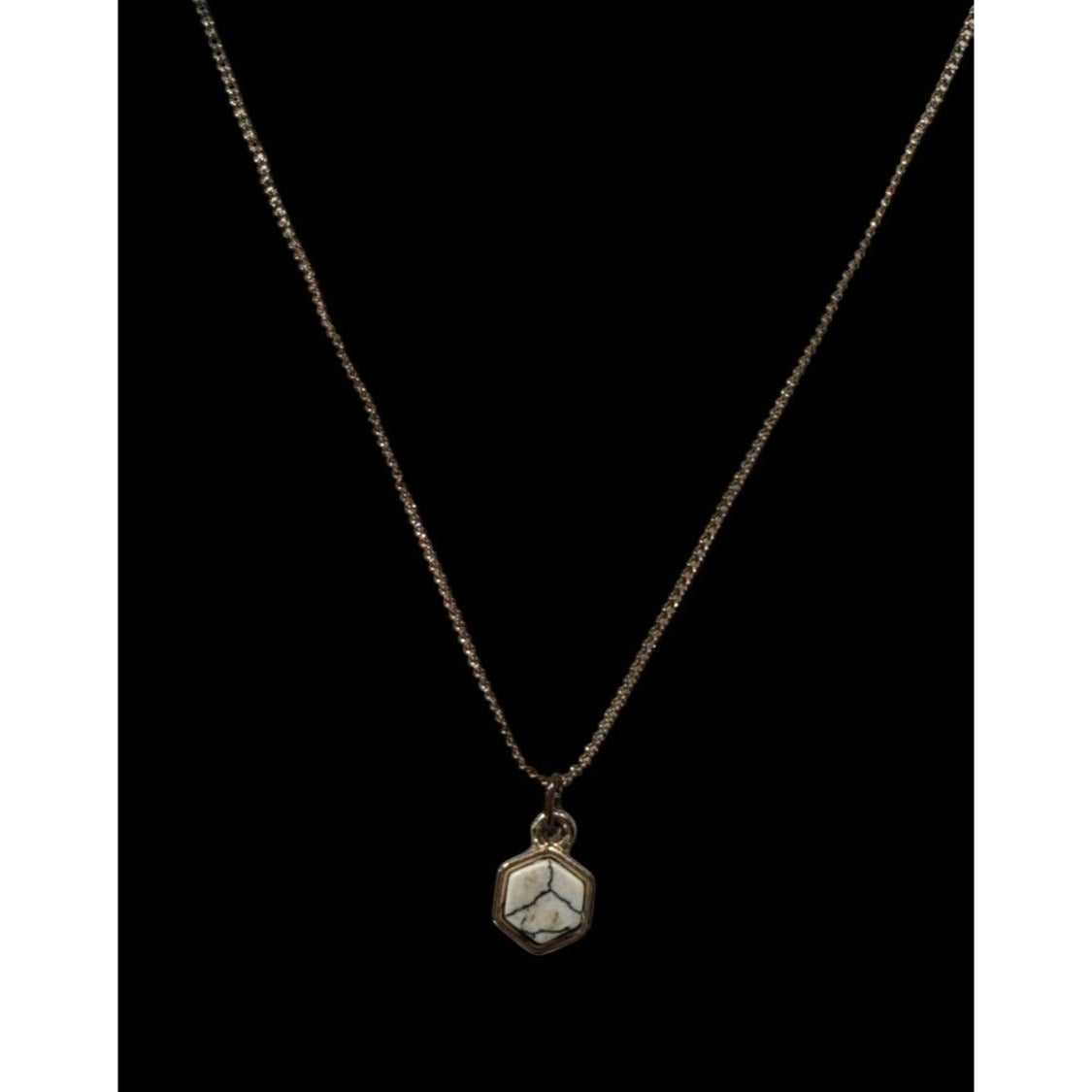 Dainty Minimalist Hexagonal White Crackle Stone Pendant Necklace