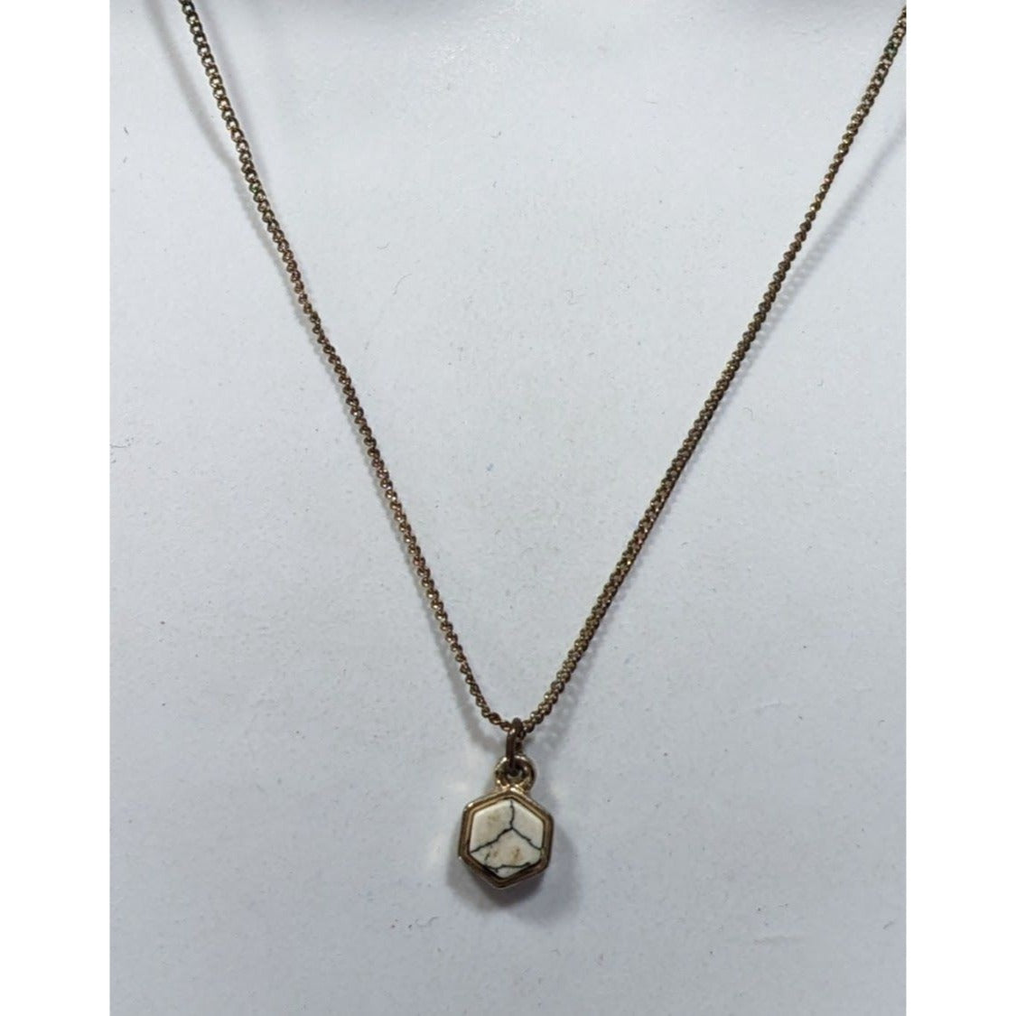 Dainty Minimalist Hexagonal White Crackle Stone Pendant Necklace