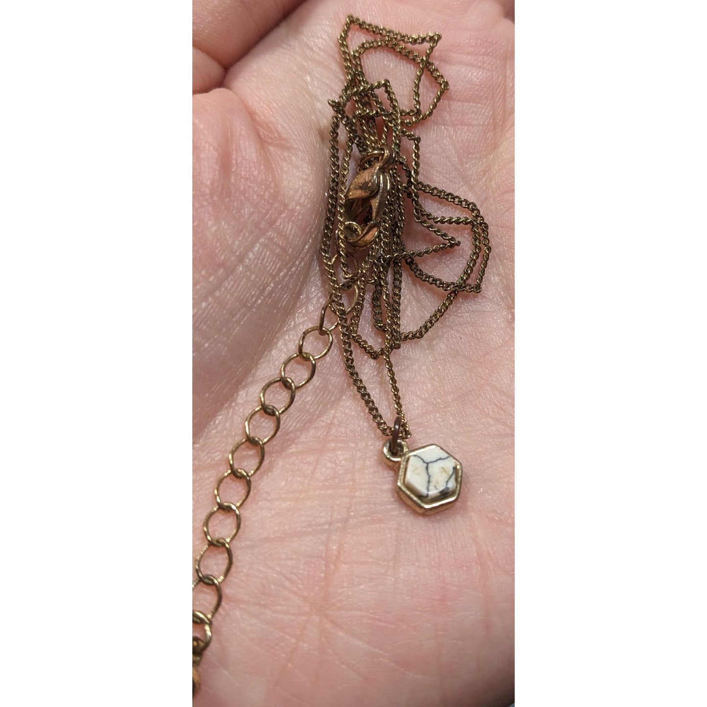 Dainty Minimalist Hexagonal White Crackle Stone Pendant Necklace