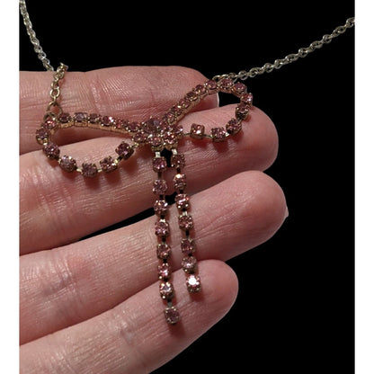 Vintage Coquette Pink Rhinestone Bow Necklace