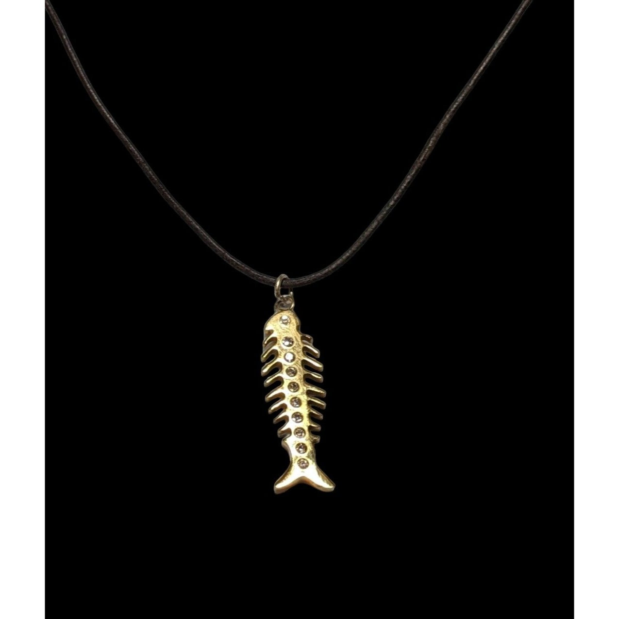 Glam Goth Fishbone Gold Sterling Pendant Necklace